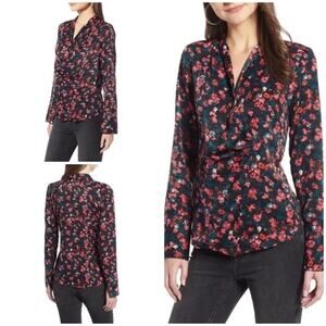 SOMETHING NAVY Floral Multicolor Rosebud‎ Draped Wrap Front Blouse M